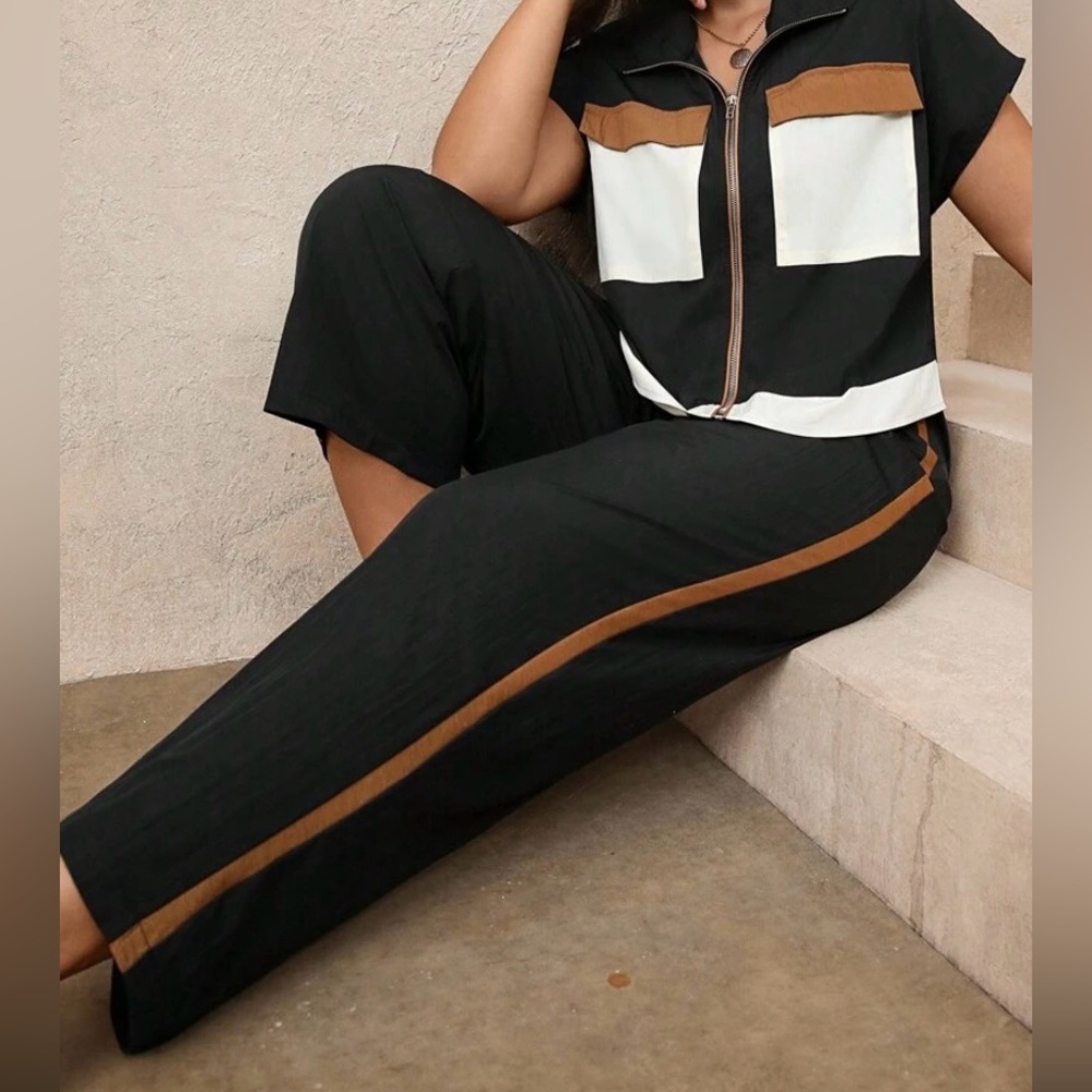 🤎🖤LOVE 2 PIECE PLUS SIZE 1X OUTFIT W ZIP UP FRONT TOP & CONTRAST STRIPE PANTS🤎🖤